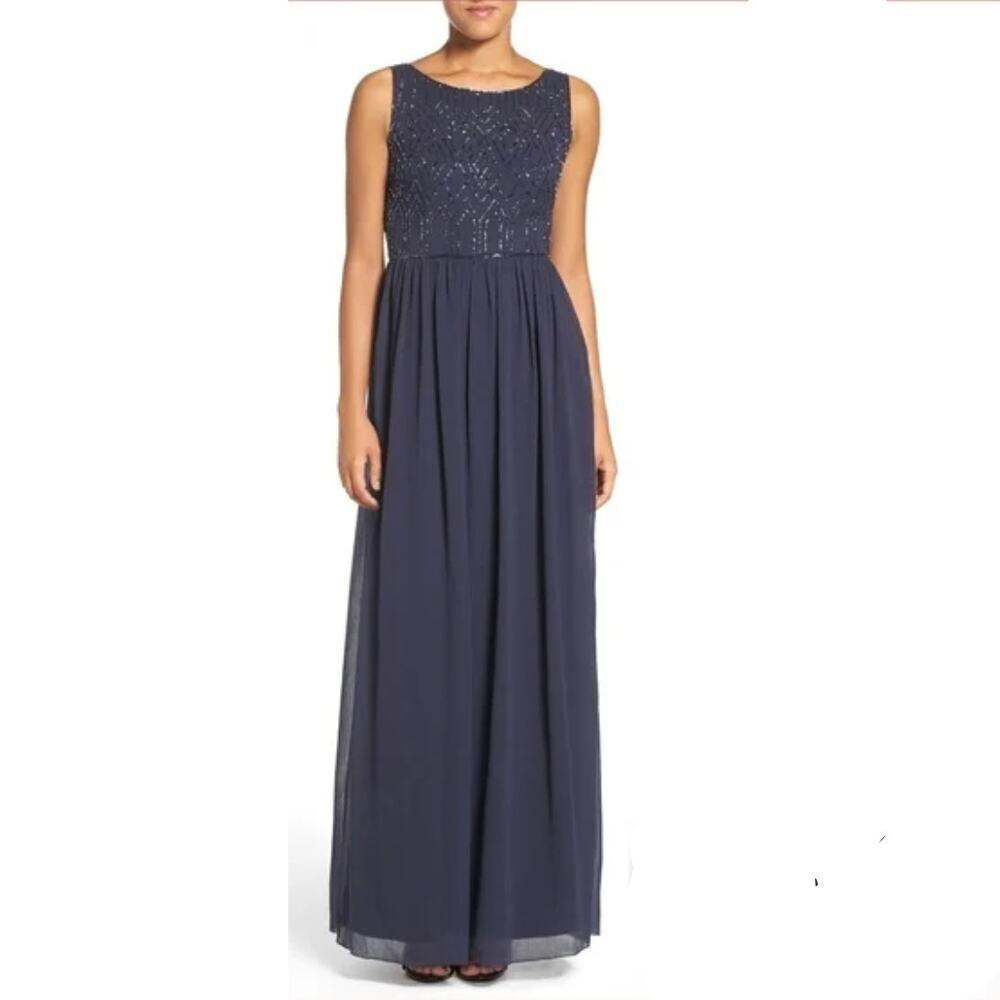 Adrianna Papell Embellished Bodice Chiffon Dress Full Length Gown Navy Blue 10